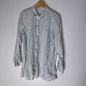 J Jill Love Linen XL Green White Stripe Collar Button Down‎ Tunic Linen Top CP